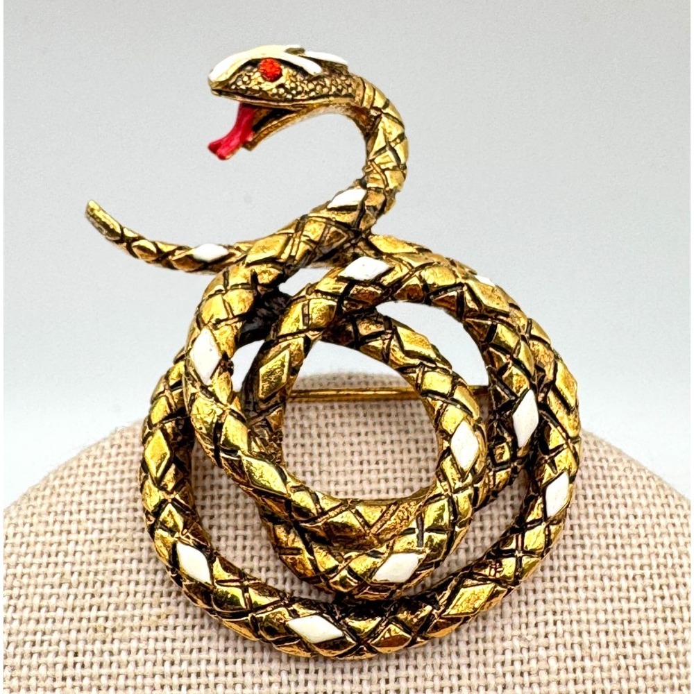 Vintage ART Snake Brooch Gold Tone White Enamel Red Rhinestone Eye Book Piece